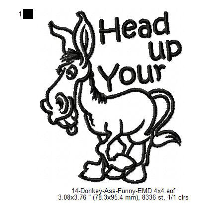 Donkey Head Up Your Ass Line Art Machine Embroidery Digitized Design Files
