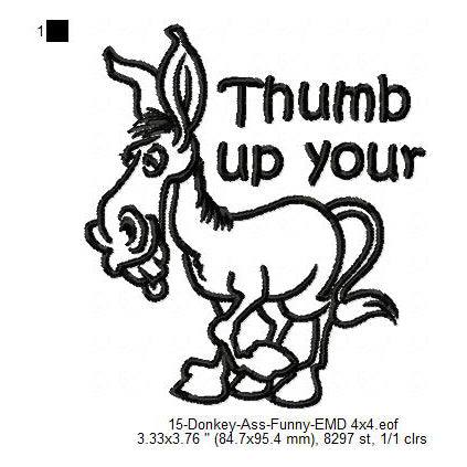 Donkey Thumb Up Your Ass Line Art Machine Embroidery Digitized Design Files