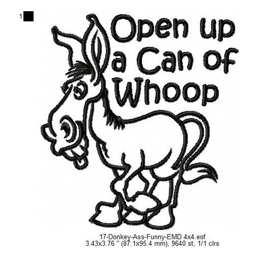 Donkey Open Up a Can of Hoop Ass Line Art Machine Embroidery Digitized Design Files