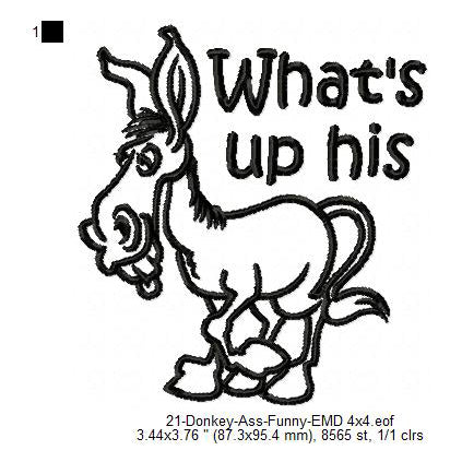 Donkey What's Up His Ass Line Art Machine Embroidery Digitized Design Files