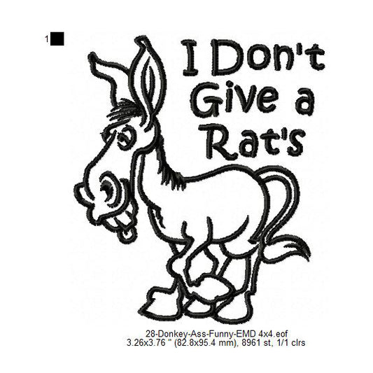 Donkey I Don't Give A Rat's Ass Line Art Machine Embroidery Digitized Design Files