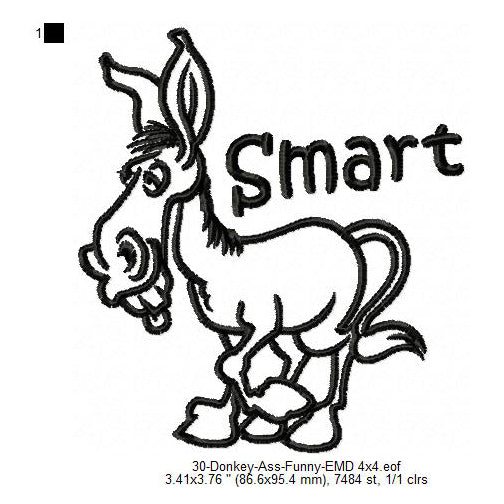 Donkey Smart Ass Line Art Machine Embroidery Digitized Design Files