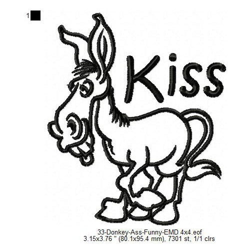Donkey Kiss Ass Line Art Machine Embroidery Digitized Design Files