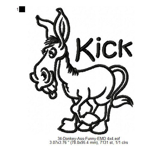 Donkey Kick Ass Line Art Machine Embroidery Digitized Design Files