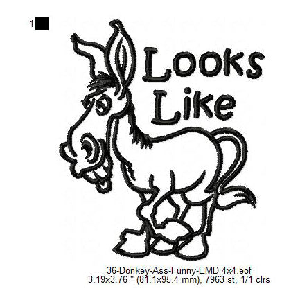 Donkey Looks Like Ass Line Art Machine Embroidery Digitized Design Files