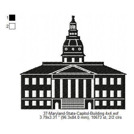 Maryland State Capital Building Silhouette Machine Embroidery Digitized Design Files