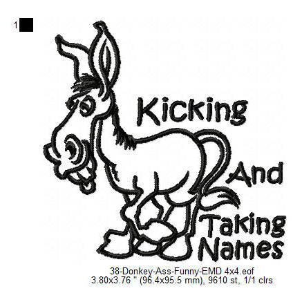 Donkey Kicking Ass & Taking Names Line Art Machine Embroidery Digitized Design Files