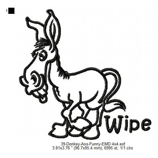 Donkey Wipe Ass Line Art Machine Embroidery Digitized Design Files