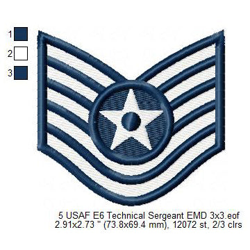 US Air Force USAF E6 Technical Sergeant Military Insignia Symbols Emblems Patches Machine Embroidery Digitized Design Files