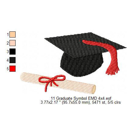 Graduation Hat With Tassel Diploma With Red Ribbon Machine Embroidery Digitized Design Files