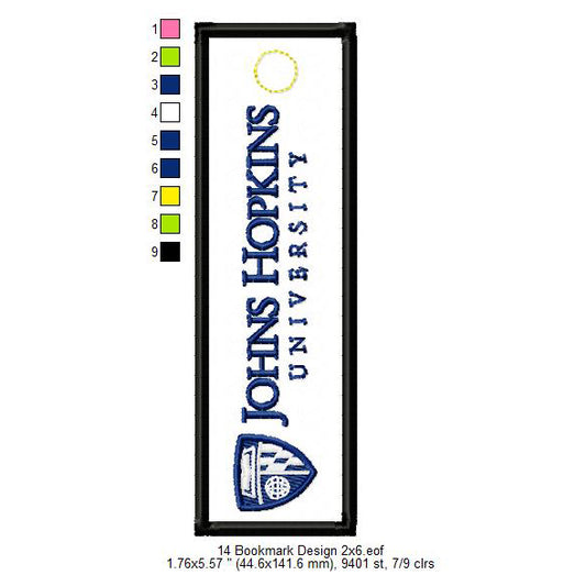 Johns Hopkins University Bookmark Machine Embroidery Digitized Design Files