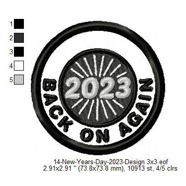 Back On Again 2023 New Year Wishing Merit Badge Machine Embroidery Digitized Design Files