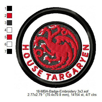 House Targaryen Game of Thrones Merit Adulting Badge Machine Embroidery Digitized Design Files