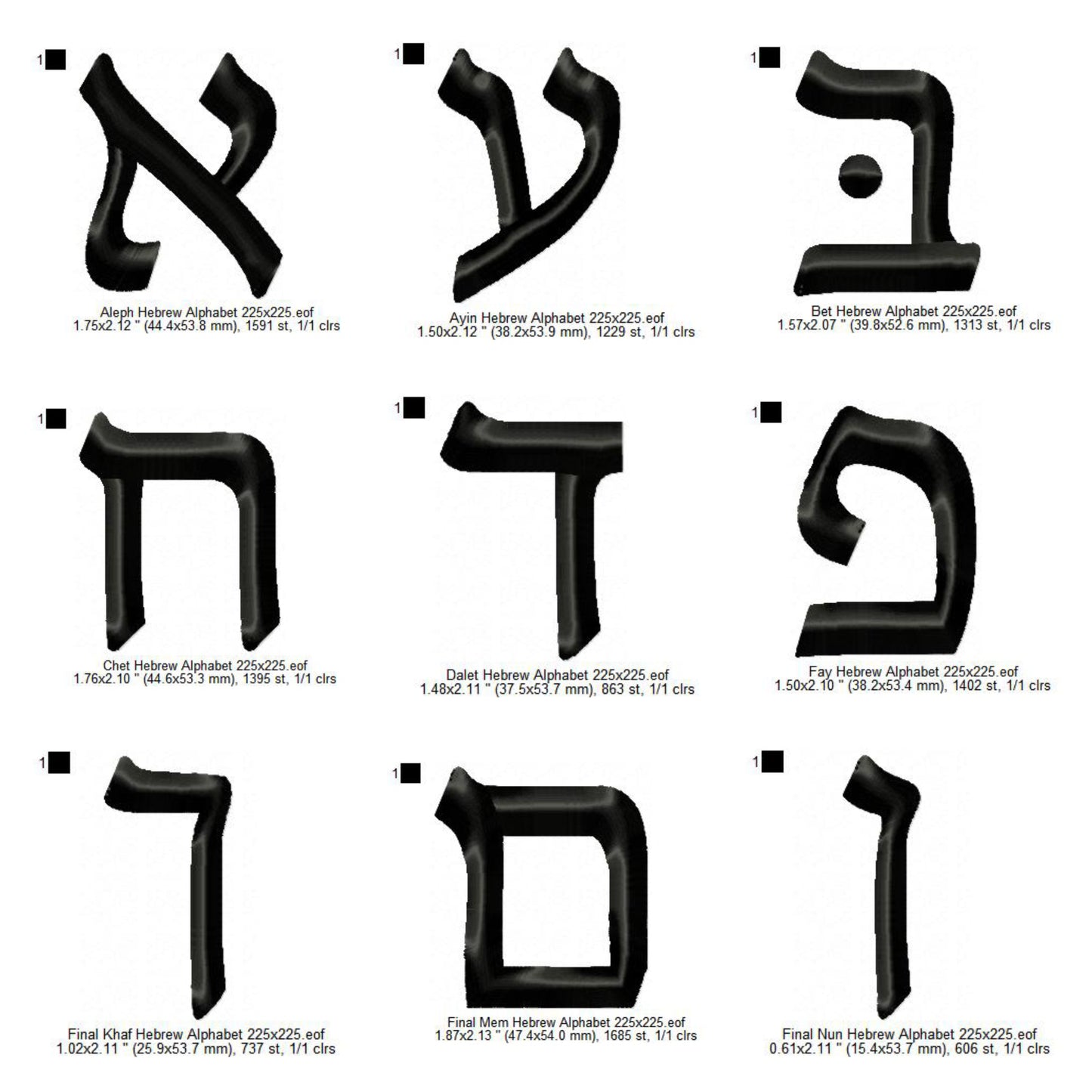 Hebrew Alphabets With Final Letters and Nikkudim Machine Embroidery Digitized Design Files