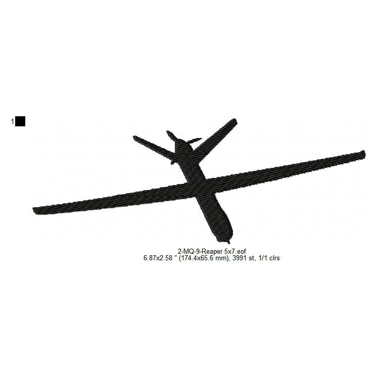 General Atomics MQ-9 Reaper Drone Aircraft Silhouette Machine Embroidery Digitized Design Files