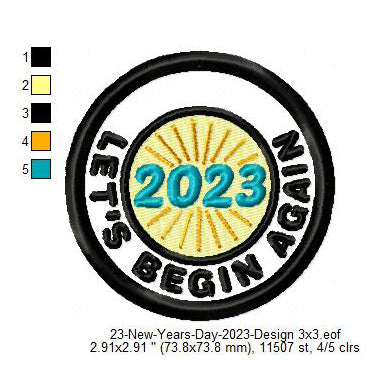 Let's Begin Again 2023 New Year Wishing Merit Badge Machine Embroidery Digitized Design Files