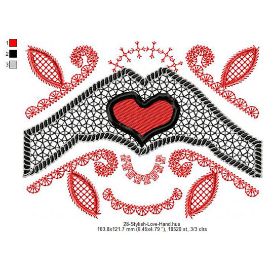 Swirl Love Hand Valentines Day Machine Embroidery Digitized Design Files