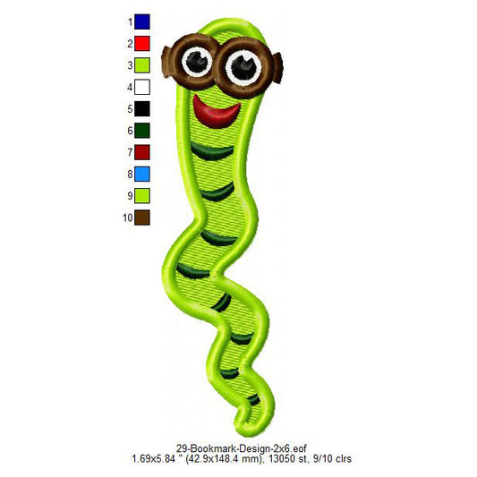 Bookworm Bookmark Machine Embroidery Digitized Design Files