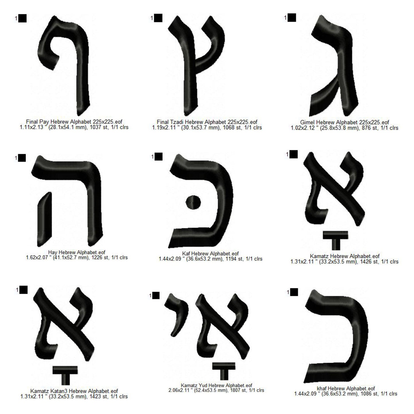 Hebrew Alphabets With Final Letters and Nikkudim Machine Embroidery Digitized Design Files