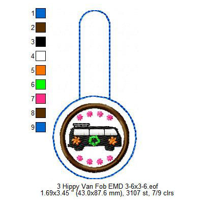 Hippy Van Fob Key Ring Patch Machine Embroidery Digitized Design Files