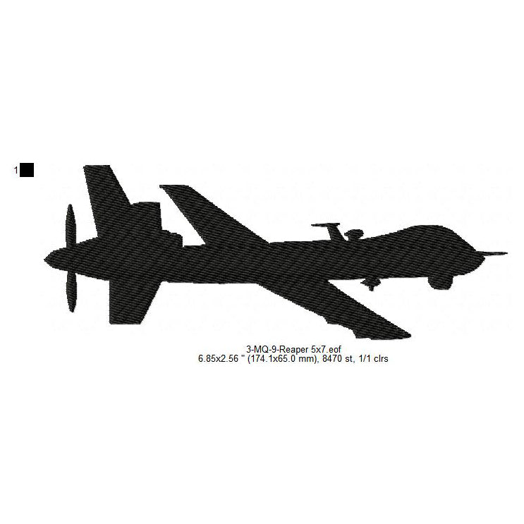 General Atomics MQ-9 Reaper Drone Aircraft Silhouette Machine Embroidery Digitized Design Files