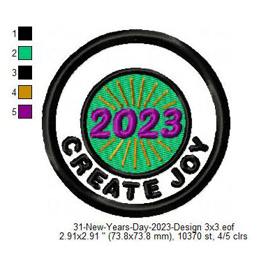 Create Joy 2023 New Year Wishing Merit Badge Machine Embroidery Digitized Design Files