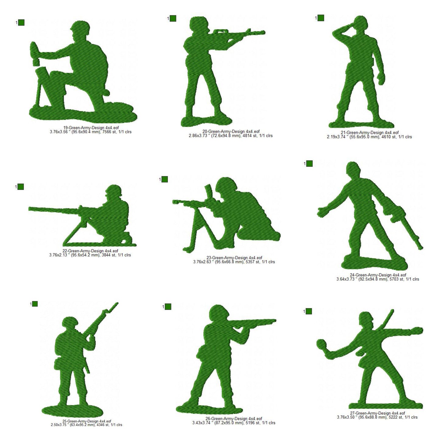 Green Army Action Figures 42 Pieces Set Machine Embroidery Digitized Design Files