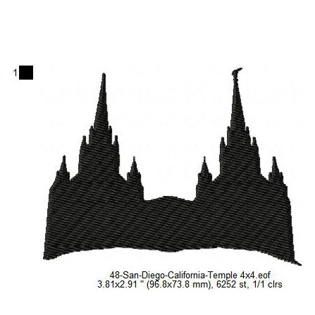 San Diego California LDS Temple Silhouette Machine Embroidery Digitized Design Files