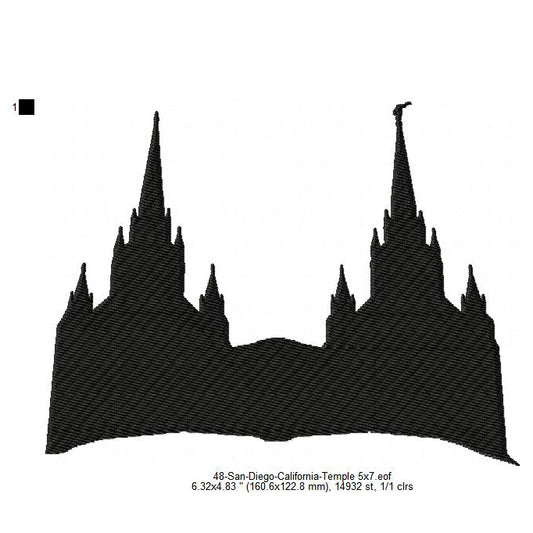San Diego California LDS Temple Silhouette Machine Embroidery Digitized Design Files