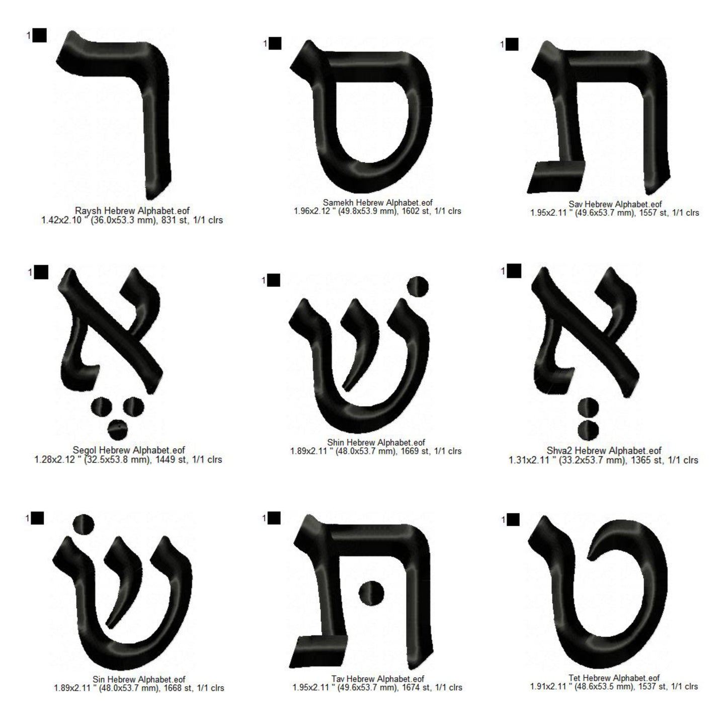 Hebrew Alphabets With Final Letters and Nikkudim Machine Embroidery Digitized Design Files