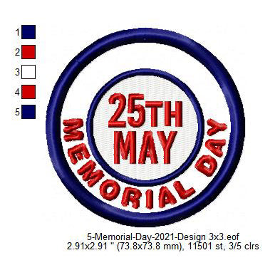 25th May Memorial Day Merit Badge Machine Embroidery Digitized Design Files