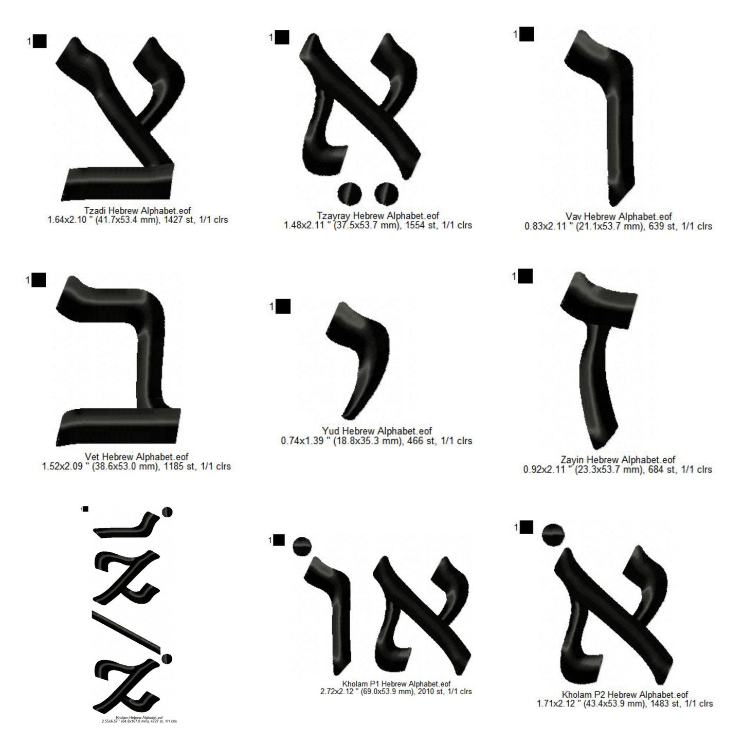 Hebrew Alphabets With Final Letters and Nikkudim Machine Embroidery Digitized Design Files