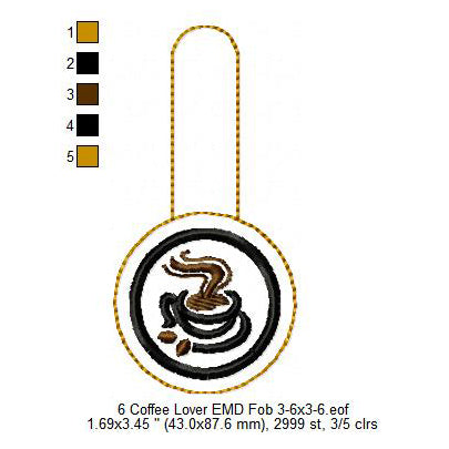 Coffee Lover Fob Key Ring Patch Machine Embroidery Digitized Design Files