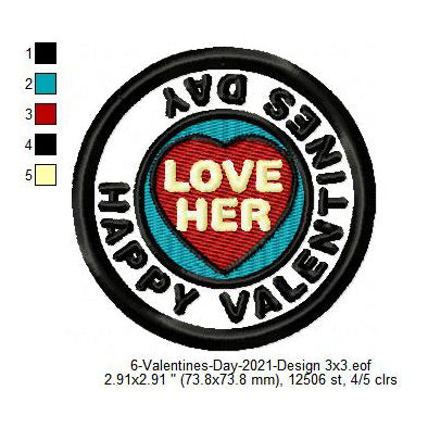 Happy Valentines Day Love Her Merit Badge Machine Embroidery Digitized Design Files