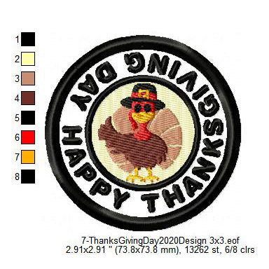 Happy Thanksgiving Day Turkey Hat Merit Badge Machine Embroidery Digitized Design Files