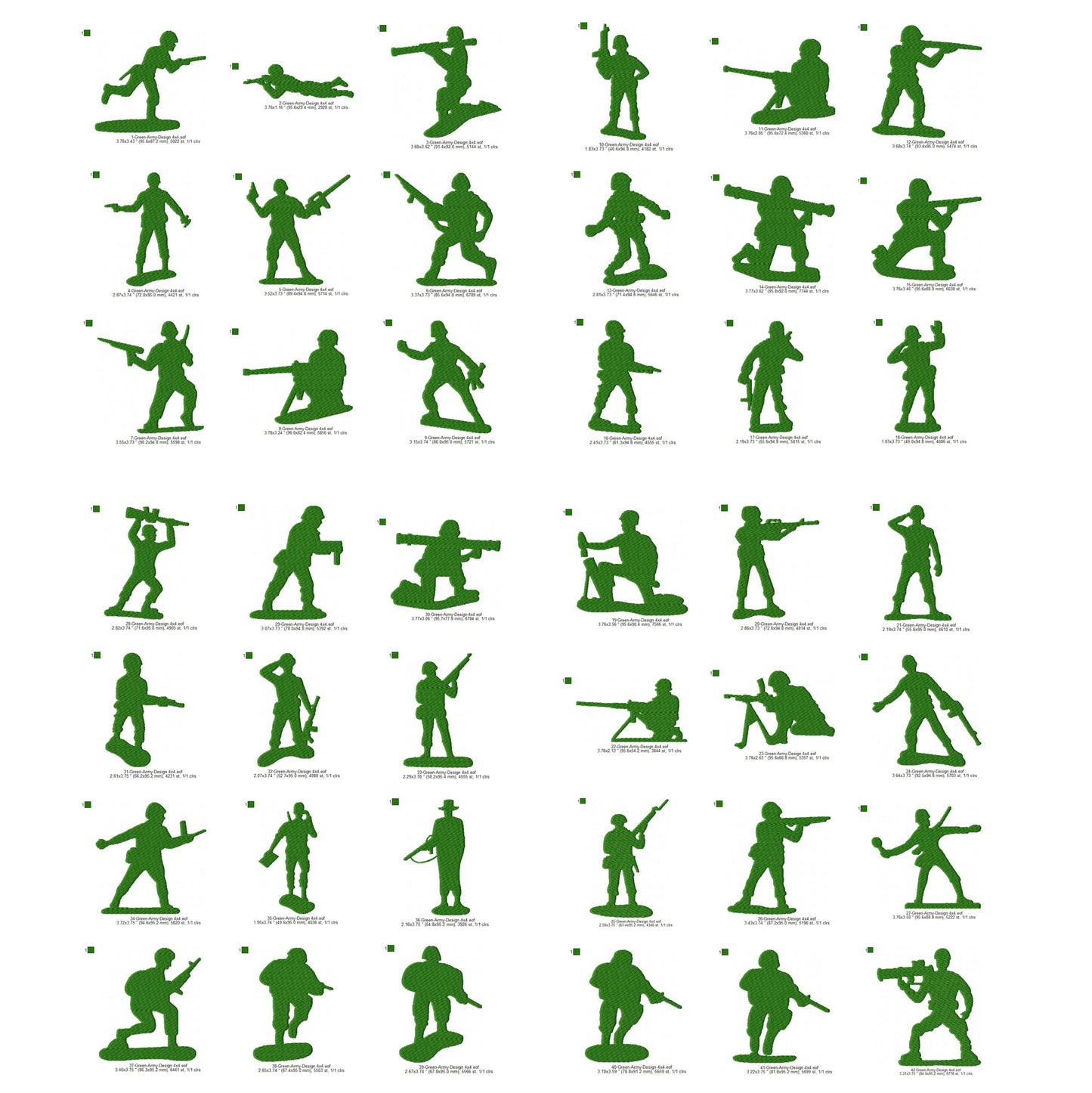 Green Army Action Figures 42 Pieces Set Machine Embroidery Digitized Design Files
