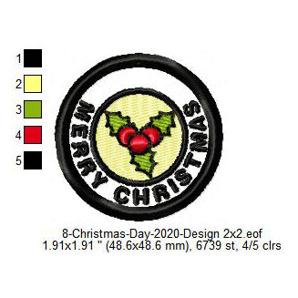 Merry Christmas Holly Berry Wreath Merit Badge Machine Embroidery Digitized Design Files