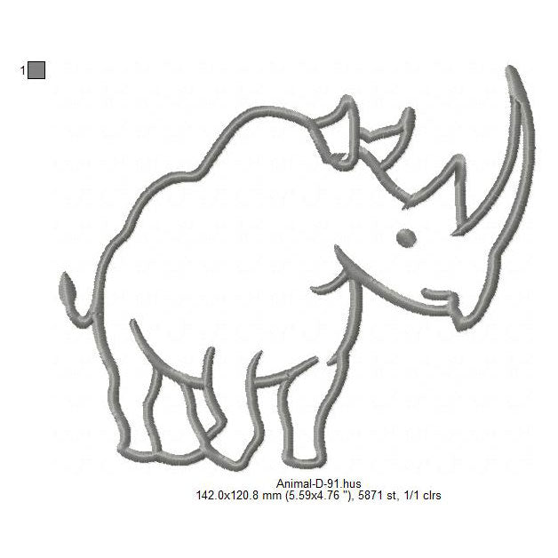 Rhino Outline Wild Animal Line Art Machine Embroidery Digitized Design Files
