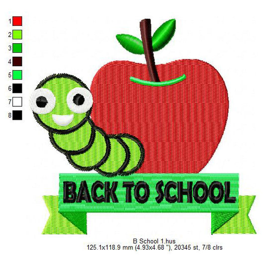 Apple Worm Back To School Symbol Machine Embroidery Digitized Design Files