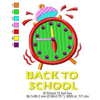 Back To School Alarm Clock Machine Embroidery Digitized Design Files