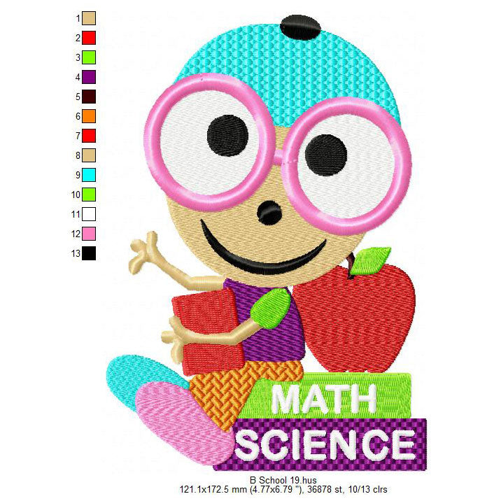 Back To School Cartoon Sits On Math Science Book Machine Embroidery Digitized Design Files