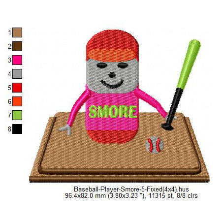 Baseball Player Smore Marshmallow Cartoon Machine Embroidery Digitized Design Files