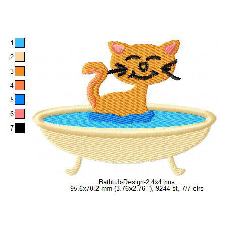 Cat Kitten Kitty Bathtub Machine Embroidery Digitized Design Files