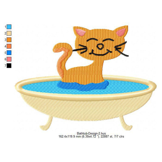 Cat Kitten Kitty Bathtub Machine Embroidery Digitized Design Files
