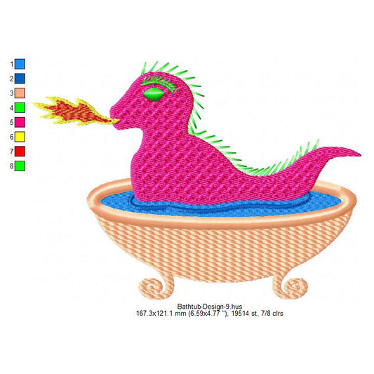 Monsters Godzilla Bathtub Machine Embroidery Digitized Design Files