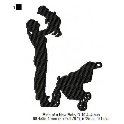 Mother With New Born Child Baby Stroller & Palms Silhouette Machine Embroidery Digitized Design Files