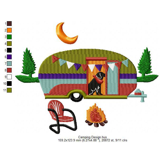 Camping Trailer Family Caravan Machine Embroidery Digitized Design Files