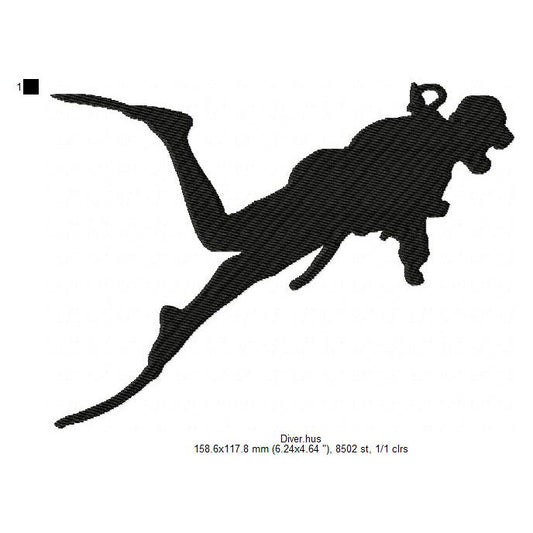 Diver Swimming Silhouette Machine Embroidery Digitized Design Files