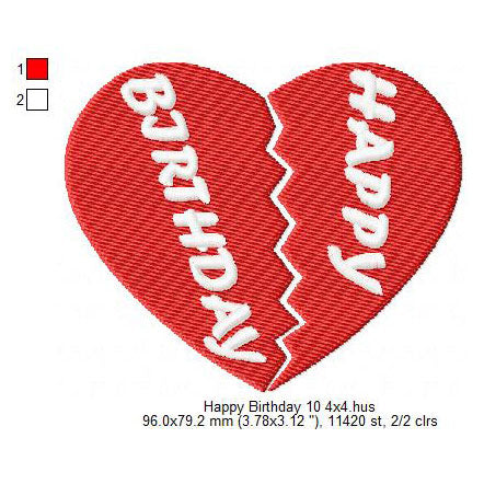 Happy Birthday Love Heart Wishing Machine Embroidery Digitized Design Files