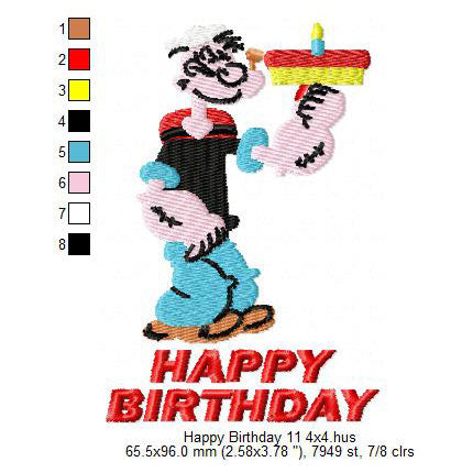 Popeye Wishing Happy Birthday Machine Embroidery Digitized Design Files